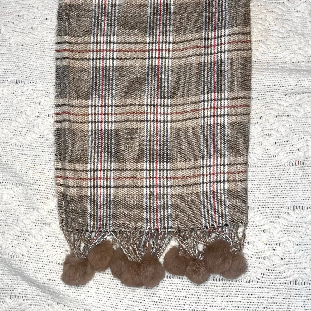 Cashmere Scarf  Fur Pom Poms Brown Plaid Women's - S Brand